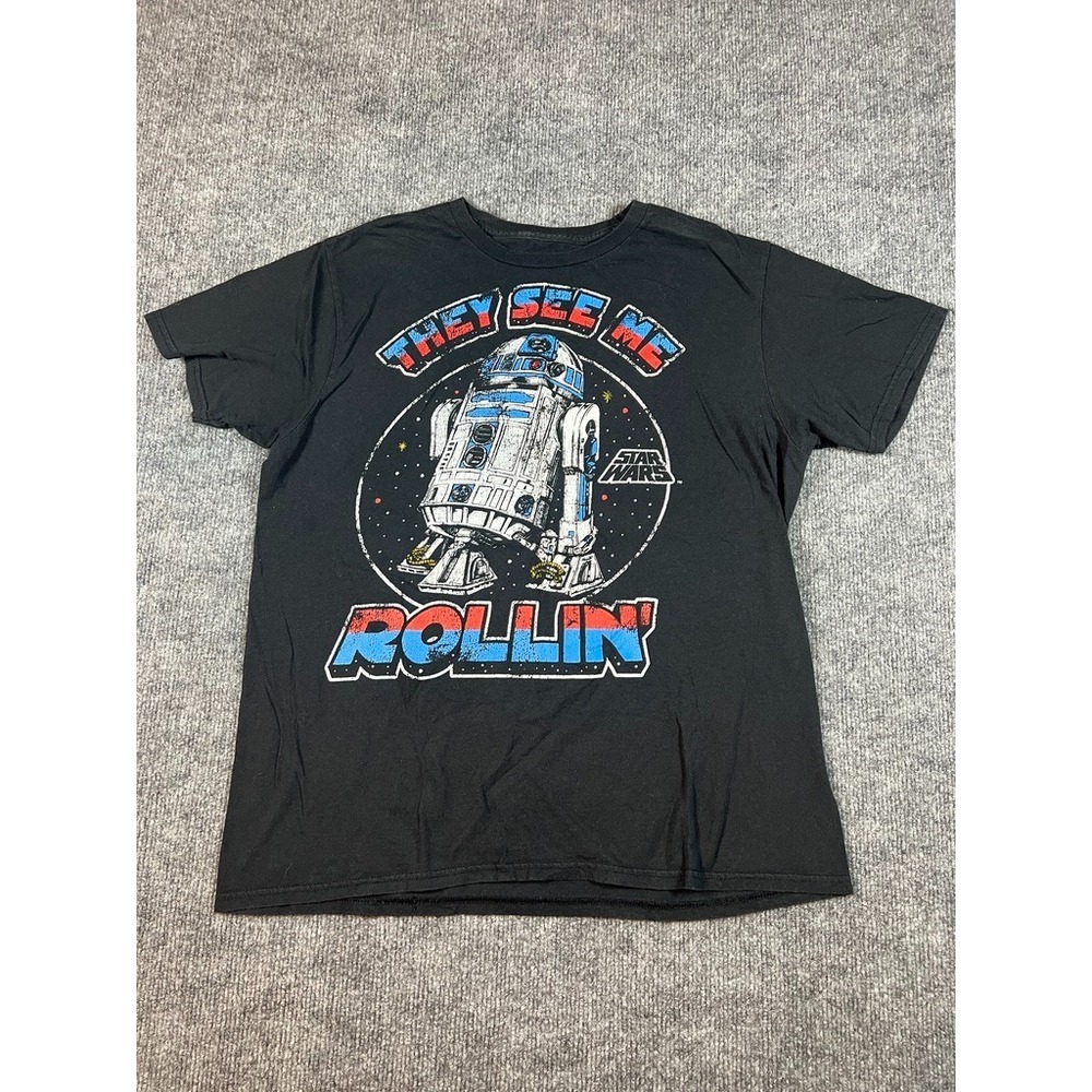 Disney's Star Wars Standard Black Adult T-Shirt "They See Me Rollin'" R2-D2 Sz L